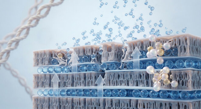 Ultra‑detailed 3D visualization of transepidermal water loss. Water molecules rise upward from the skin surface into the air, leaving gaps between lipid layers. Clean scientific aesthetic tewl