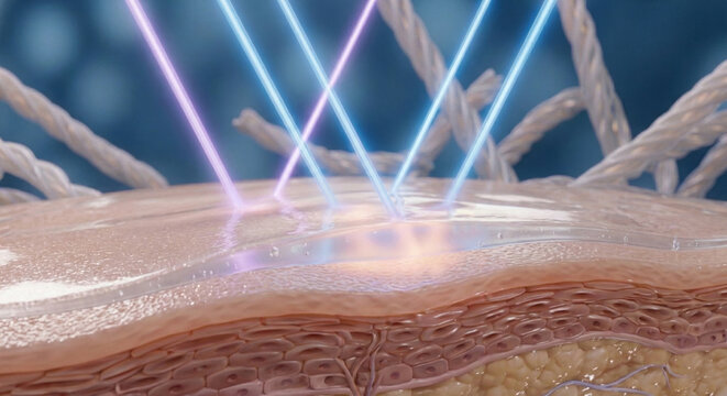 Ultra‑detailed 3D cosmetic scientific render showing SPF protection through absorption of UV rays. Extreme close‑up of smooth skin with a thin, glossy SPF layer. UVA (violet) and UVB (blue) rays 
