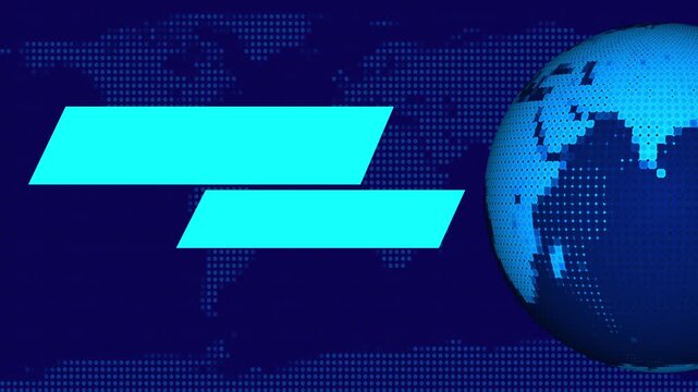 3d blue globe with pix elated continents and cyan text boxes over dotted world map background, blue digital earth dashboard with interface panels and markers, global data visualization animation.