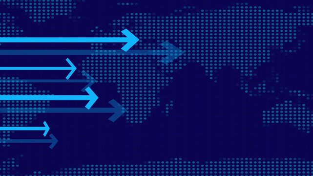 Blue arrows advancing across pix elated world map on deep blue background, blue digital arrows showing global data movement and connection, modern network technology animation.