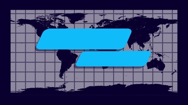 World map with cyan speech bubbles on dark grid background for communication interface, digital global discussion visualization with futuristic grid style, technology communication animation.