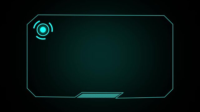 Futuristic holographic display interface with cyan neon border and circular indicator, cyan digital hud dashboard with scanning rings and markers, advanced technology interface animation.