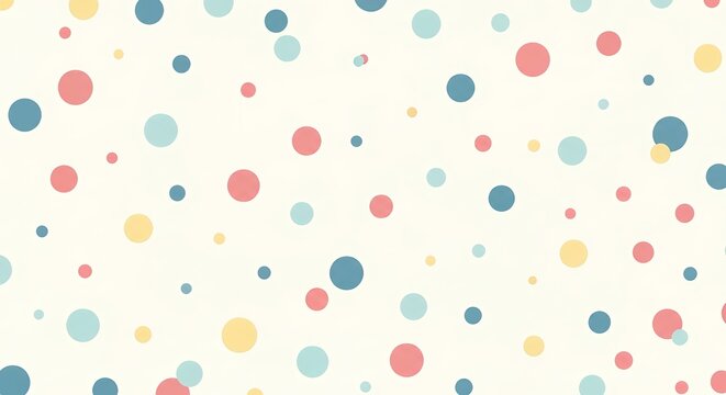 A cheerful and whimsical scattering of pastel polka dots across a creamy white background, creating a playful and serene visual pattern