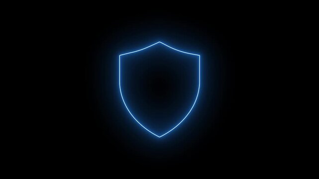 Glowing cyan neon shield symbol on black background representing security protection, glowing cyber security emblem with digital technology style, modern security icon animation.