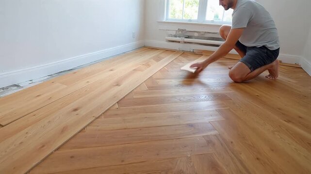 Man installing wooden floor in room