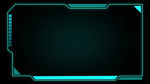 Teal neon futuristic frame with grid and vertical bar and dotted pattern design, teal digital interface border with geometric technology layout, sci fi hud frame motion graphic.