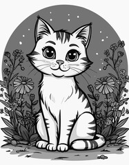 Obraz premium Cute cartoon cat sitting among flowers in black and white design 
