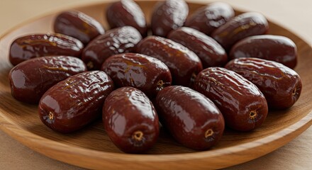 Close up of fresh brown dates arranged on a wooden plate