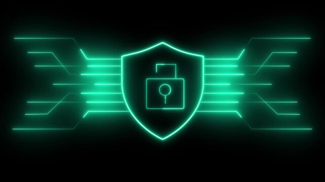 Glowing neon green shield with padlock and circuit board lines on black background, glowing cyber protection interface with technology theme, modern digital security animation.