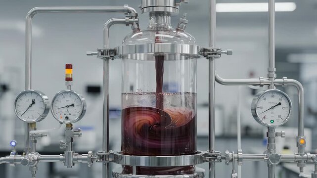 Medium shot showcasing a glass pilotscale pigment reactor emphasizing transparency and precision monitoring of pigment formulation processes at medium scale.