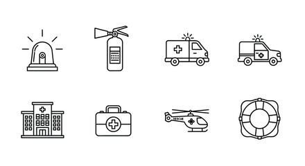 Emergency services and equipment depicted in simple line drawings © Torikul