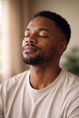 Obraz premium Young black man with eyes closed and a calm expression, enjoying a moment of mindful meditation and deep breathing indoors, promoting mental clarity and stress relief