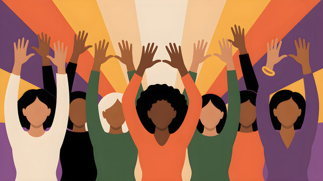 Group of women raising hands in solidarity, artistic illustration, female empowerment and equality concept
