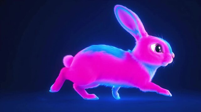 Cute neon pink and blue glowing rabbit character 3d render