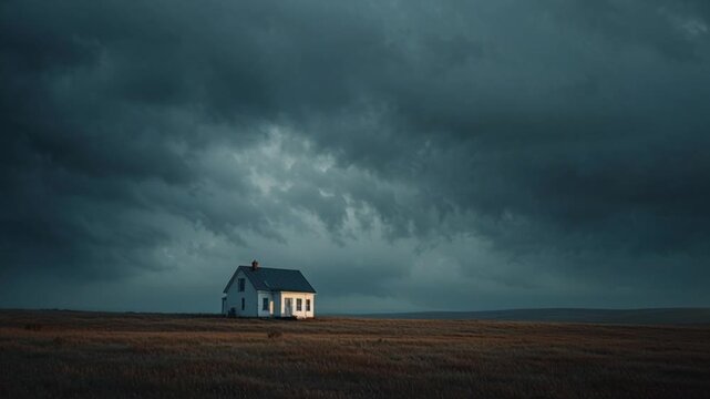 Isolated White House Standing Alone in Vast Dark Field Under Stormy Cloudy Sky