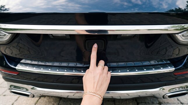 Hand pressing button on luxury car trunk, accessing modern vehicle technology