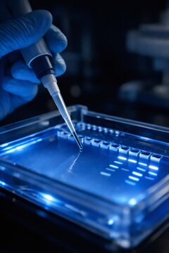 Gloved hand pipetting a sample onto an electrophoresis gel, showing glowing DNA bands, representing genetic research and biotechnology in a laboratory setting