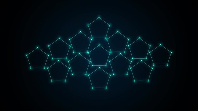 Arrangement of glowing teal pentagons connected by lines on dark background, abstract network structure with geometric technology design, futuristic digital connection animation.