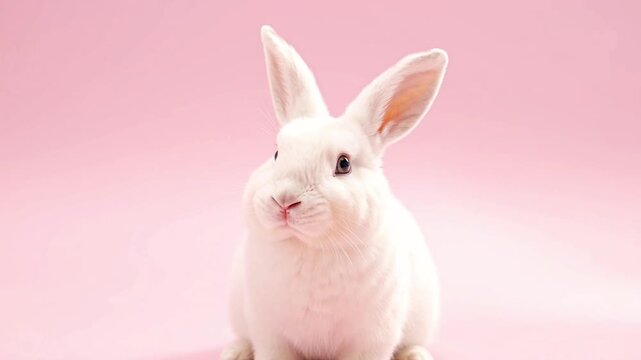 Adorable fluffy white rabbit sitting looking at camera on a soft pastel pink background