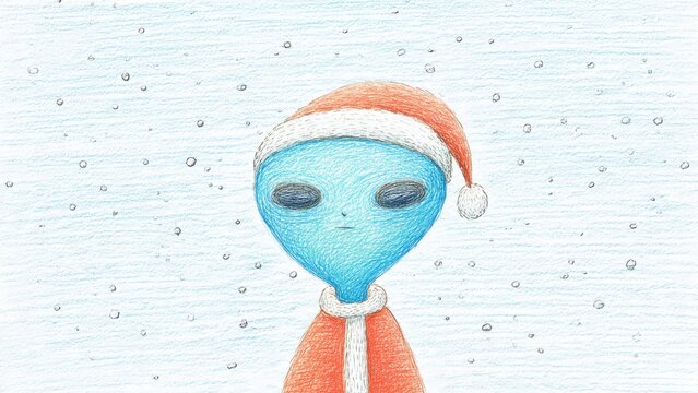 Festive alien in santa hat enjoying snowy winter wonderland