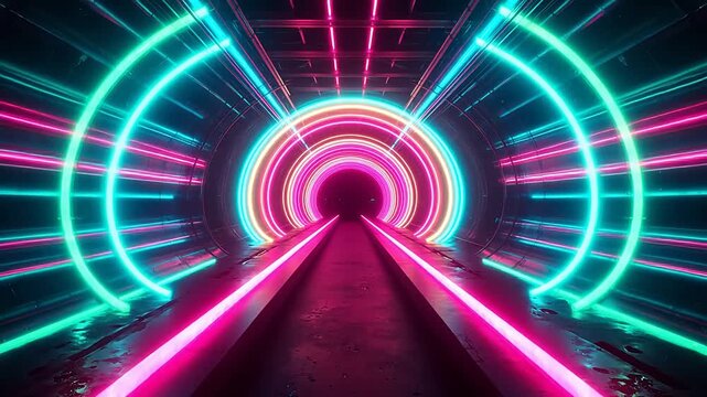 Neon light tunnel with colorful rings