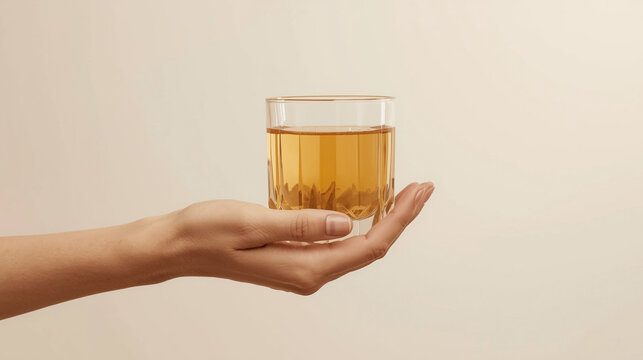 female hand holding clear glass of jamu kunyit asam