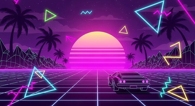 Retro-futuristic sunset drive through a neon-drenched digital landscape with palm trees and geometric shapes evoking 80s synthwave aesthetics