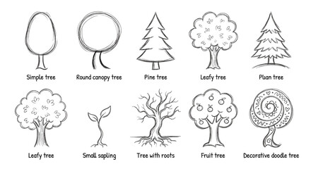 Hand Drawn Trees and Nature Icon Set Doodle Style Forest Pine and Decorative Garden Symbols