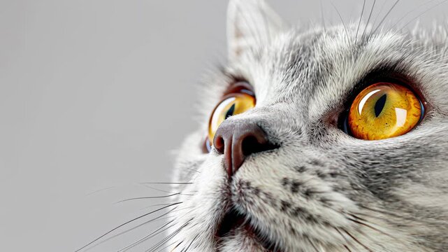Curious white scottish fold cat with unique eyes tilting head and gazing at the camera