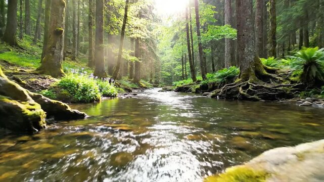 A serene forest stream flows gently through the trees, surrounded by lush greenery, rocks, and sunlight filtering through the canopy above, capturing a peaceful natural scene from a serene viewpoint.