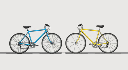 Fototapeta premium Two colorful bicycles, blue and yellow, showcased side by side on a neutral background.