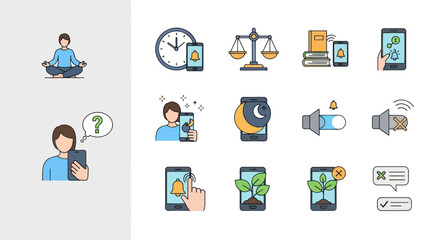 Collection of Colorful Flat Design Icons Representing Various Mobile App Functions.