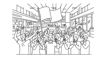 Obraz premium Excited Crowd Cheering with Flag at Airport Arrival Gate