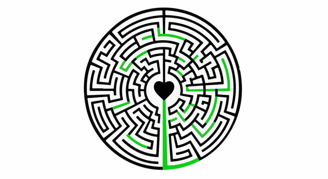 Circular maze with green path leading to a central heart symbol, representing a journey of love or connection.