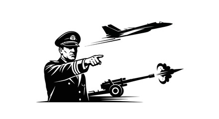 Military commander aiming jet fighter and anti-aircraft gun, strategic warfare concept