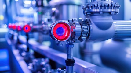 Close-up view of advanced industrial sensor with bright red and blue indicator lights, representing efficient energy production systems.