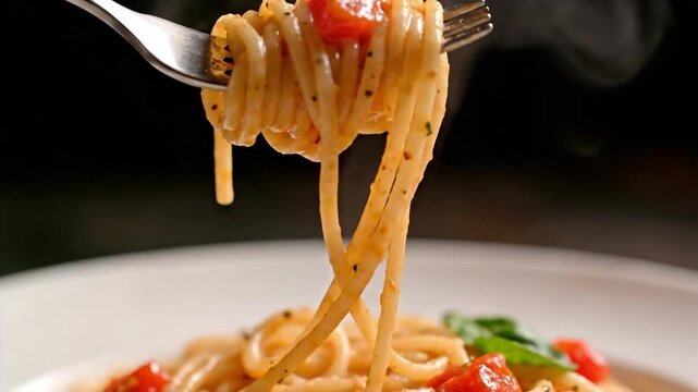 Fresh hot spaghetti pasta with tomato and herb lifted by fork from white plate, suitable for food blog, restaurant menu, recipe website, cooking advertisement, culinary content.
