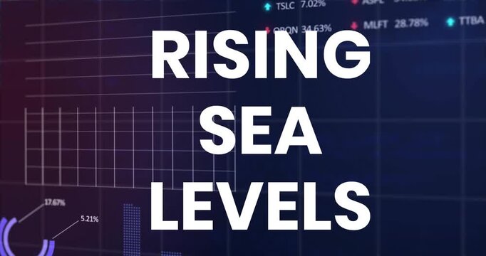 Animation of rising sea levels over financial graph