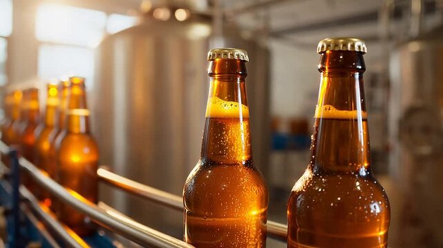 Bottles of beer on production line