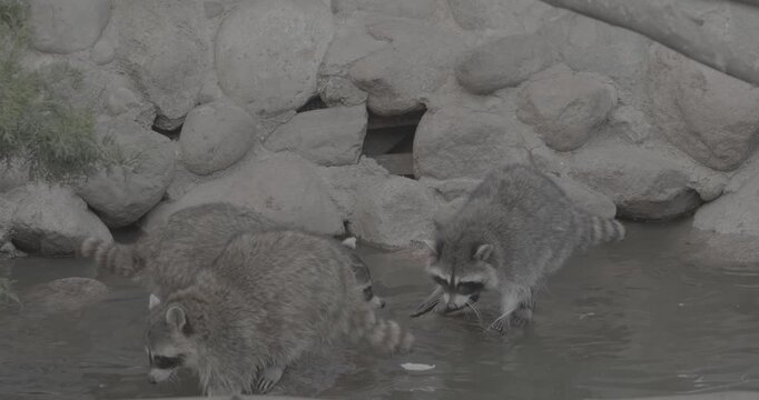 Four raccoons exploring their natural environment together.