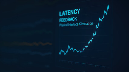 Next gen engineering solution simulation digital twin dashboard graph showing rising latency feedback with analytical interface and futuristic tone