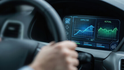Obraz premium Next gen engineering solution simulation digital twin dashboard in car cockpit with data graph and analytics conveying confident innovation