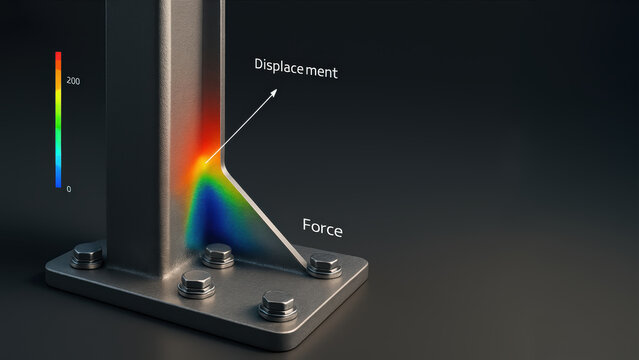 Next gen engineering solution simulation digital twin metal bracket load with displacement and force stress visualization showing analysis