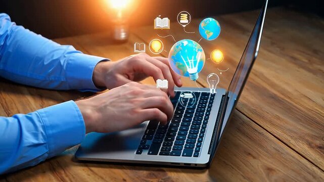 Person typing on laptop with digital icons