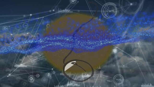 Animation of glitter, mouse, yellow shape, connections and clouds