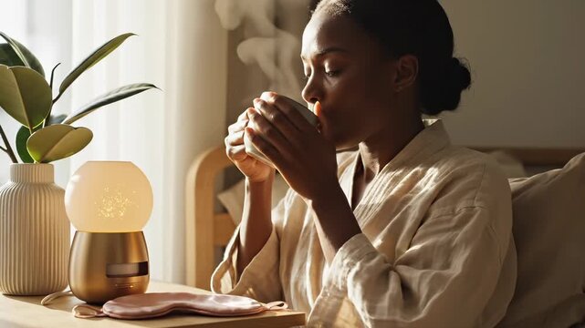 Woman drinks morning tea near aromatherapy diffuser with peaceful mindfulness. Female sips tea during morning wellness routine. Woman enjoys tea with diffuser lamp. Peaceful tea drinking at home.