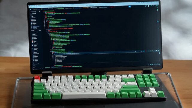 Laptop with coding on screen and green keyboard