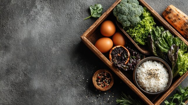 Meal Prep Subscription Box Kitchen Flat Lay Background with Copy Space Concept