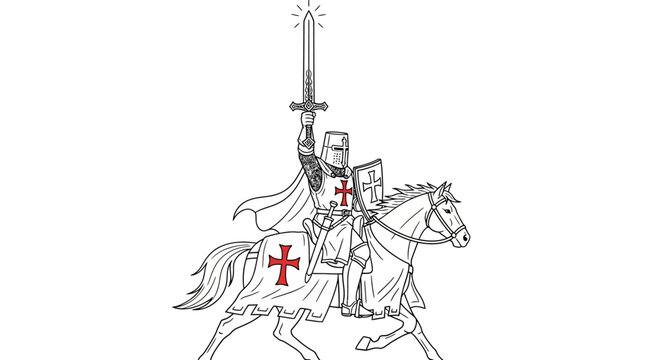 Knight Templar Horseback Warrior with Sword and Shield, Crusader Emblem