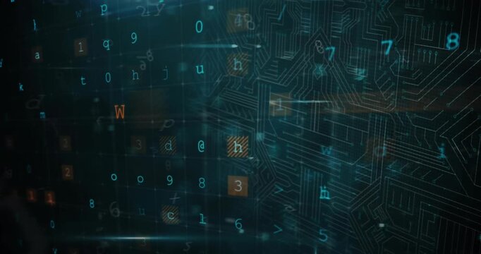 Animation of cyberattack text, data processing over security padlock